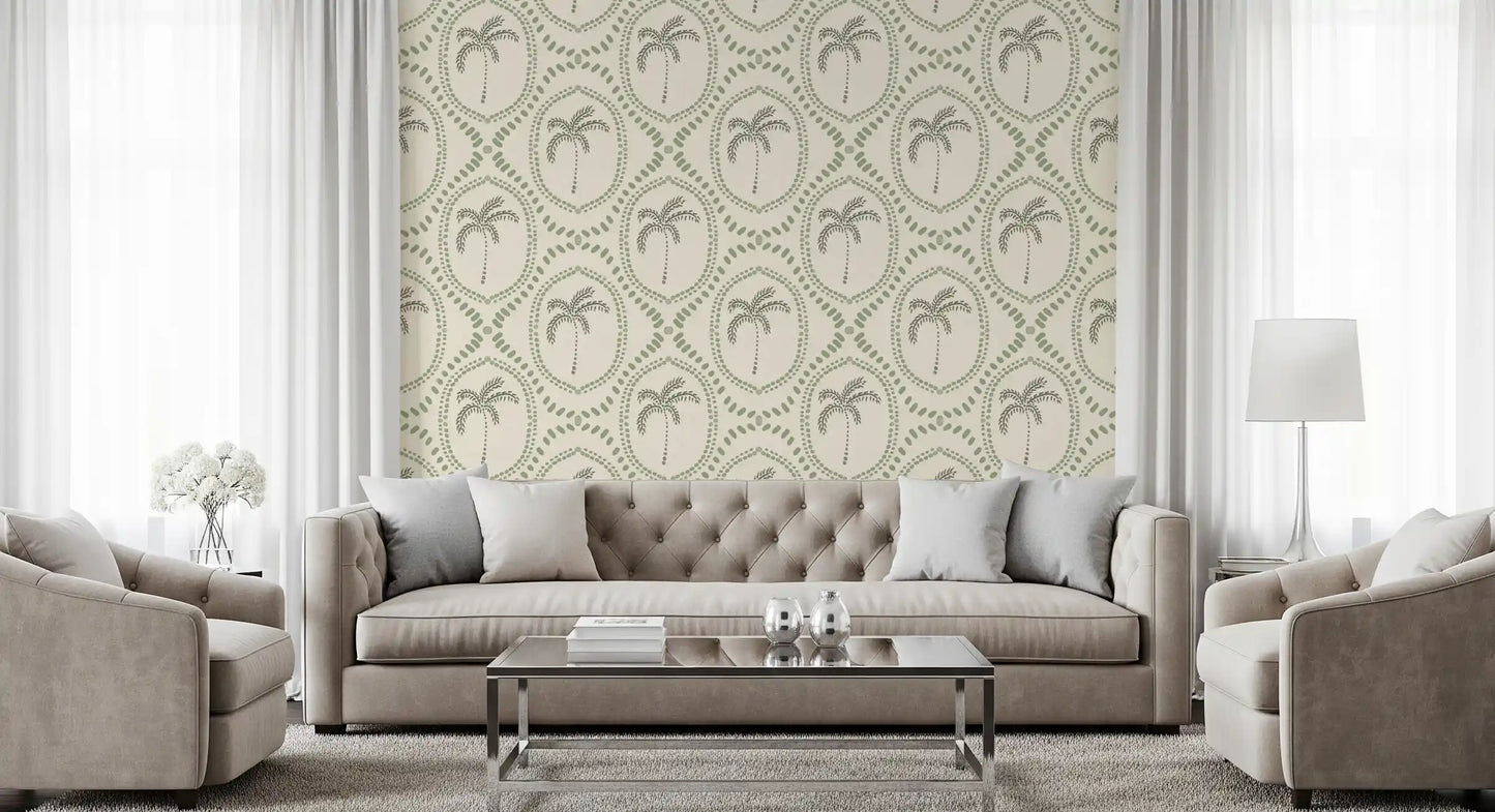 Beachy boho palm oasis coastal green wallpaper on cream linen