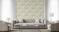 Beachy boho palm oasis coastal green wallpaper on cream linen