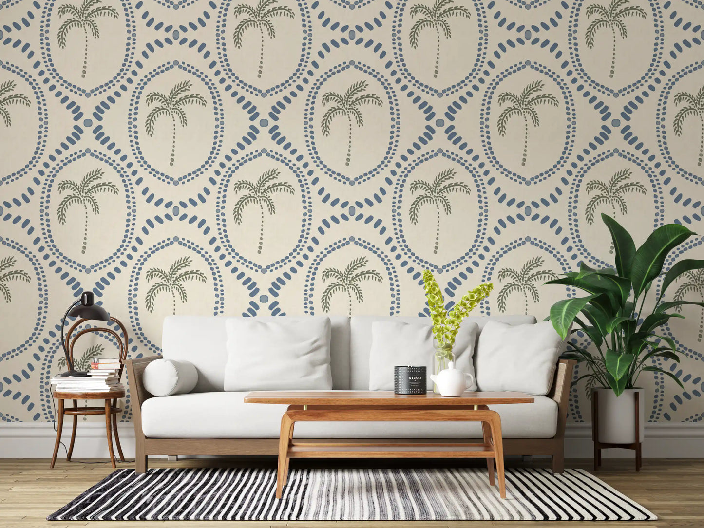 Beachy boho palm oasis wallpaper showing sage palms inside slate-blue dotted rings