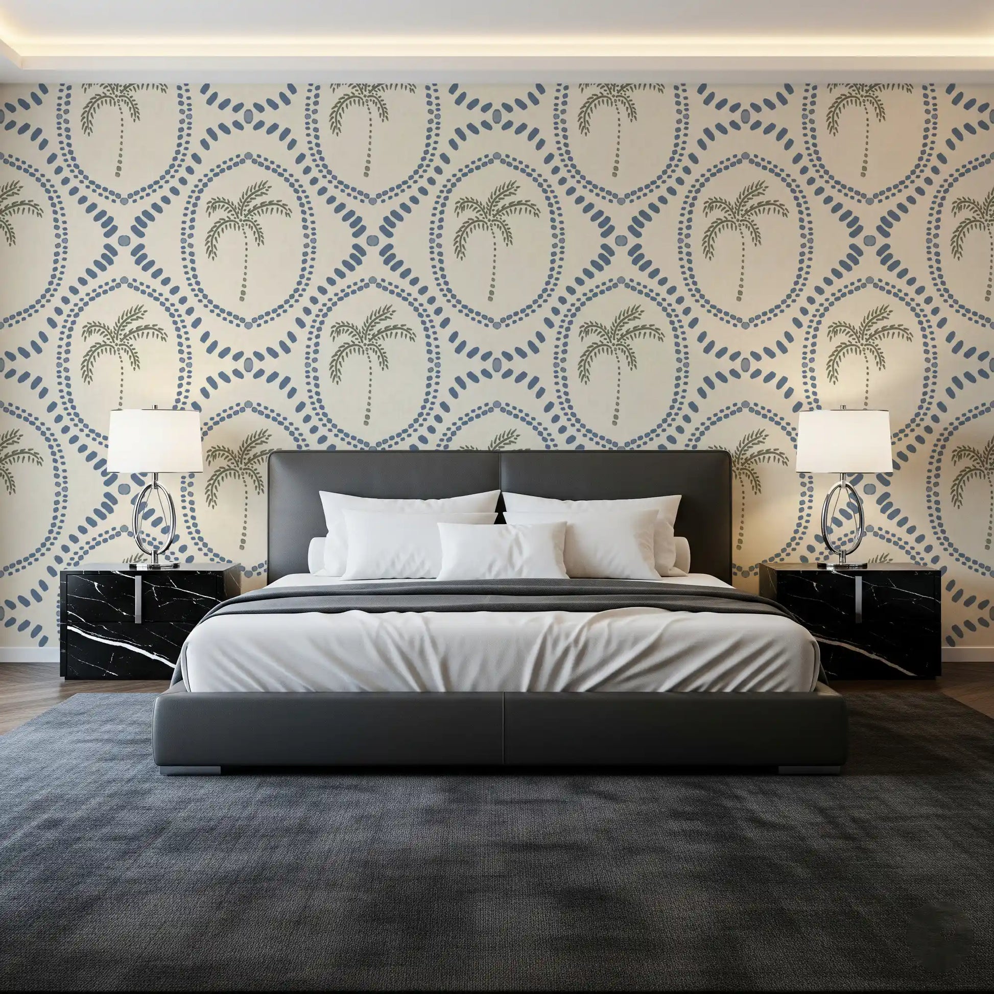 Sage palms and dotted arcs dress this bedroom in gentle beachy boho wallpaper
