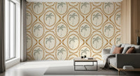 Living room illuminated by the beachy boho palm oasis golden wallpaper
