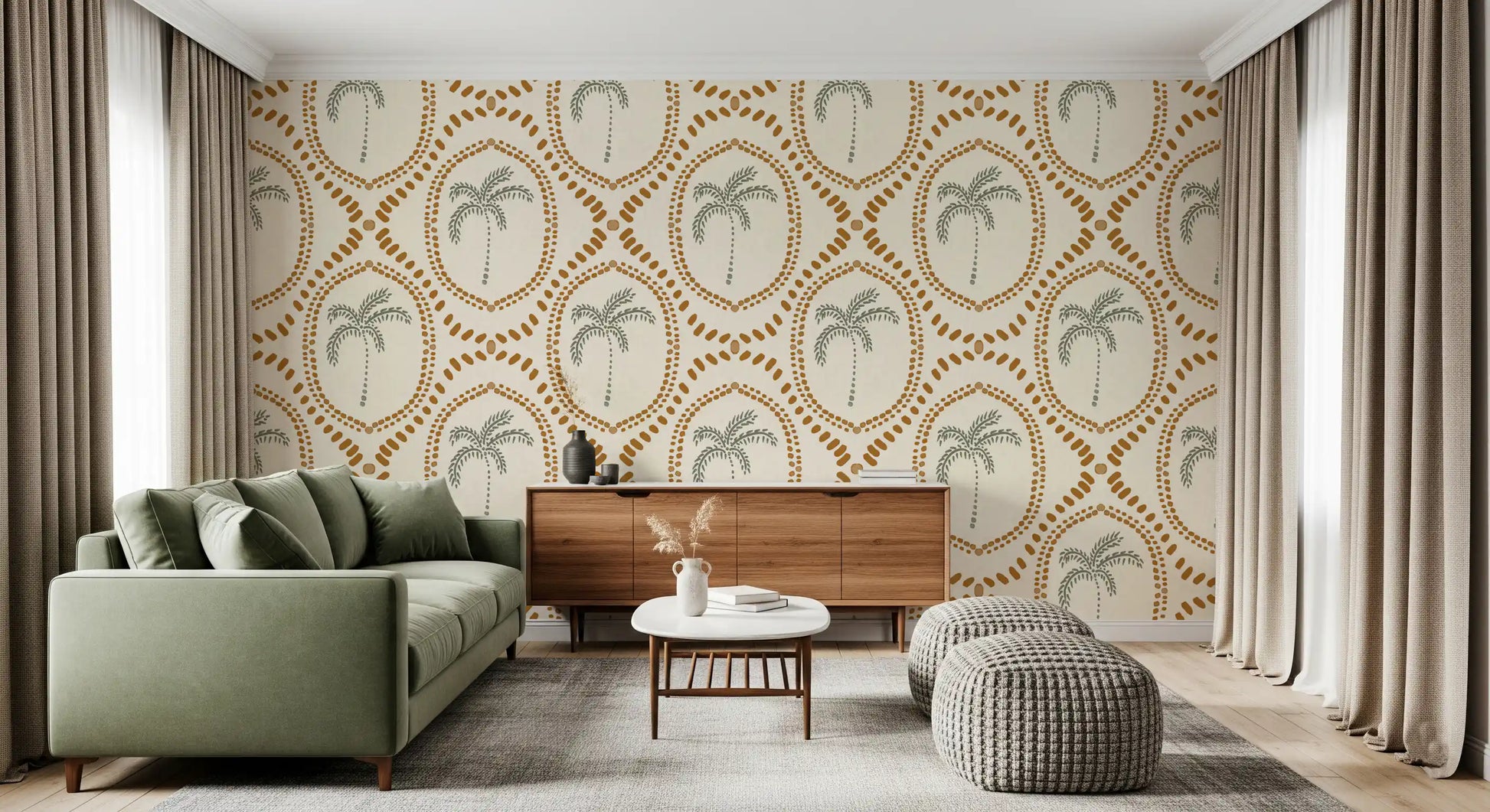 Bright lounge accented by an amazing geometric palm wallpaper pattern