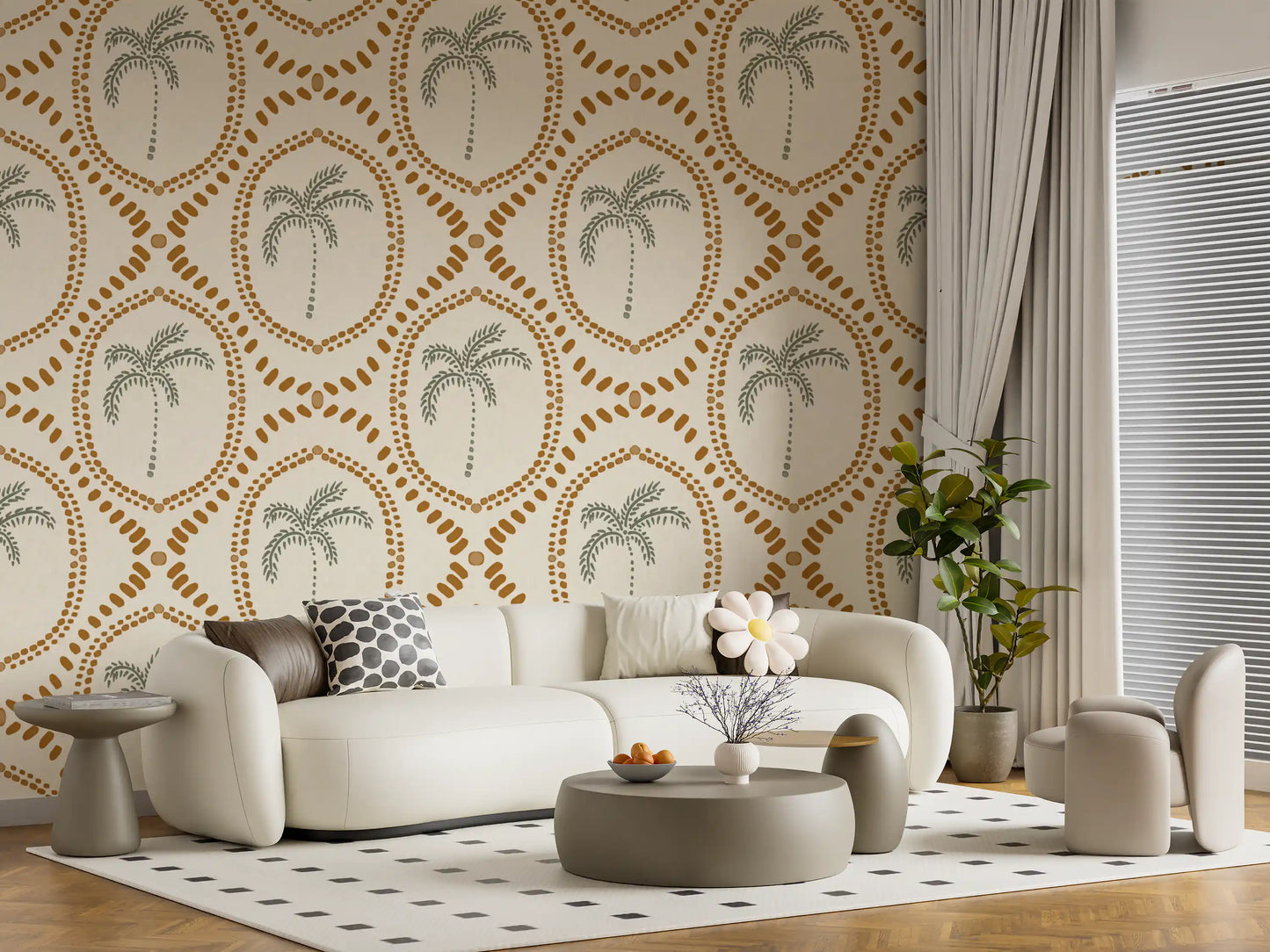 Orange dotted borders framing a lovely tree on this oasis wallpaper