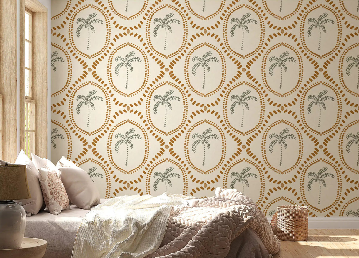 Bedroom styled nicely with the beachy boho palm oasis golden wallpaper