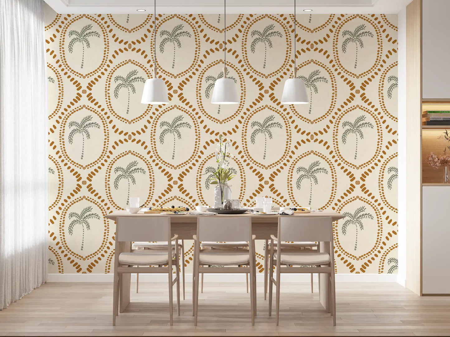 Gorgeous botanical elements within the beachy boho palm oasis golden wallpaper