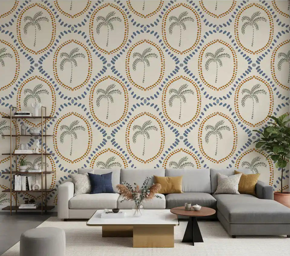 Large living room decorated with the Beachy Boho Palm Oasis Golden & Slate Blue Wallpaper.