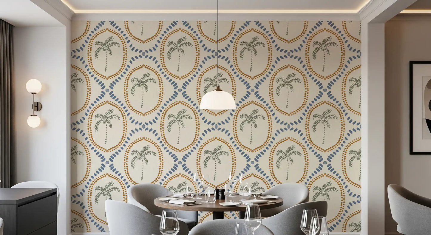 View of the Beachy Boho Palm Oasis Golden & Slate Blue Wallpaper pattern.