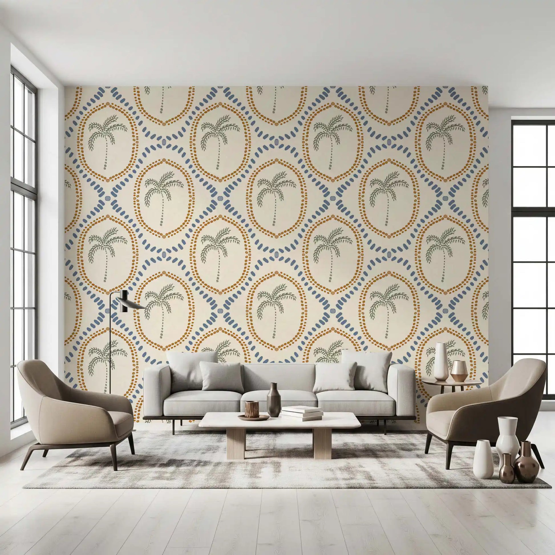 Cozy lounge area accented by a geometric dotted Boho wallpaper background.