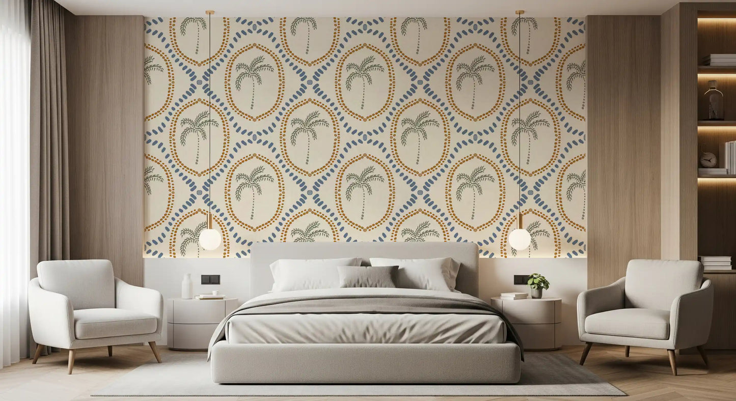 Green trees and geometric dotted lines on a retro Oasis wallpaper.