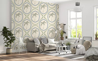 A textured background complements the beautiful beachy boho palm wallpaper.