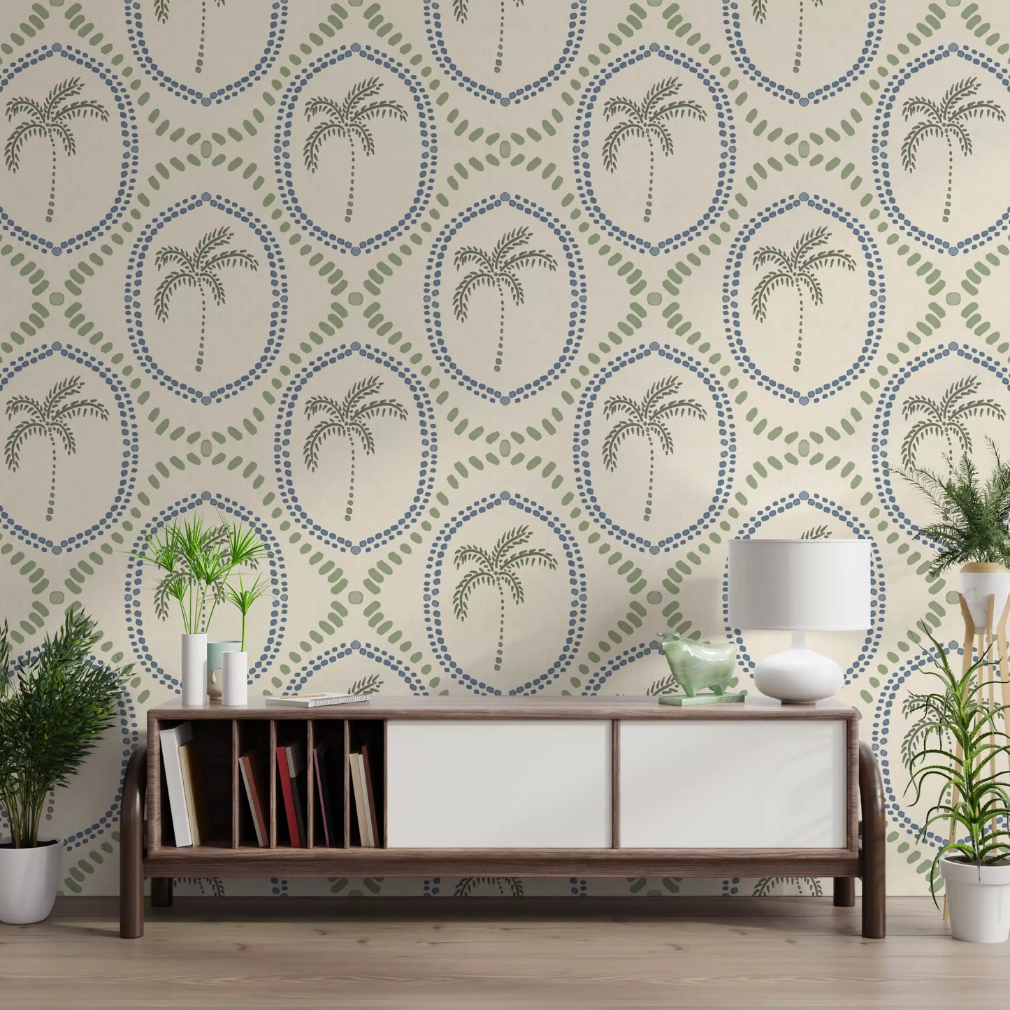 oval frames create rhythm across this palm oasis wallpaper.