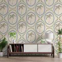 oval frames create rhythm across this palm oasis wallpaper.