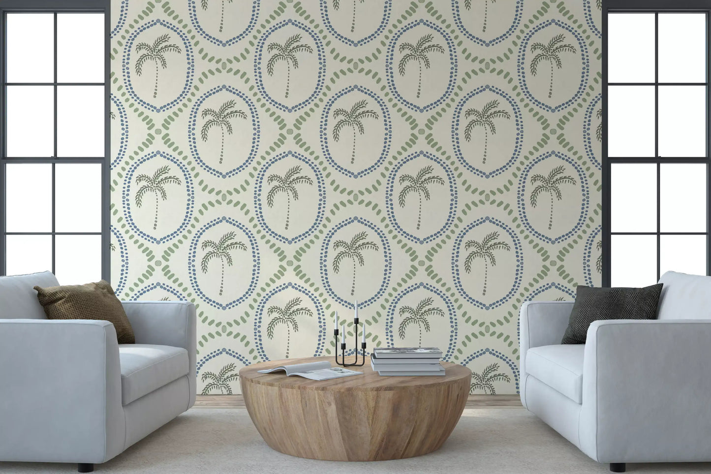 living room displaying a beautiful coastal green wallpaper.