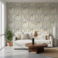 Minimalist sitting room improved by this beachy boho palm wallpaper.