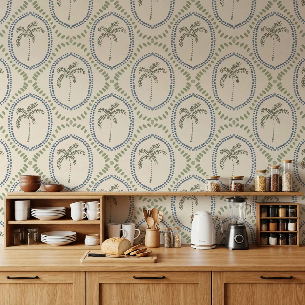 Bright kitchen interior incorporating the beachy boho palm oasis wallpaper.