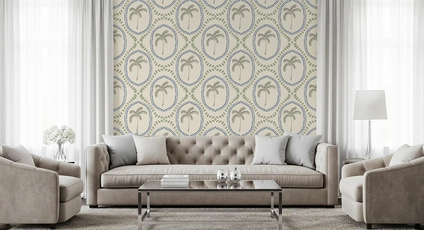 Elegant Living room enhanced by the beachy boho palm oasis wallpaper.
