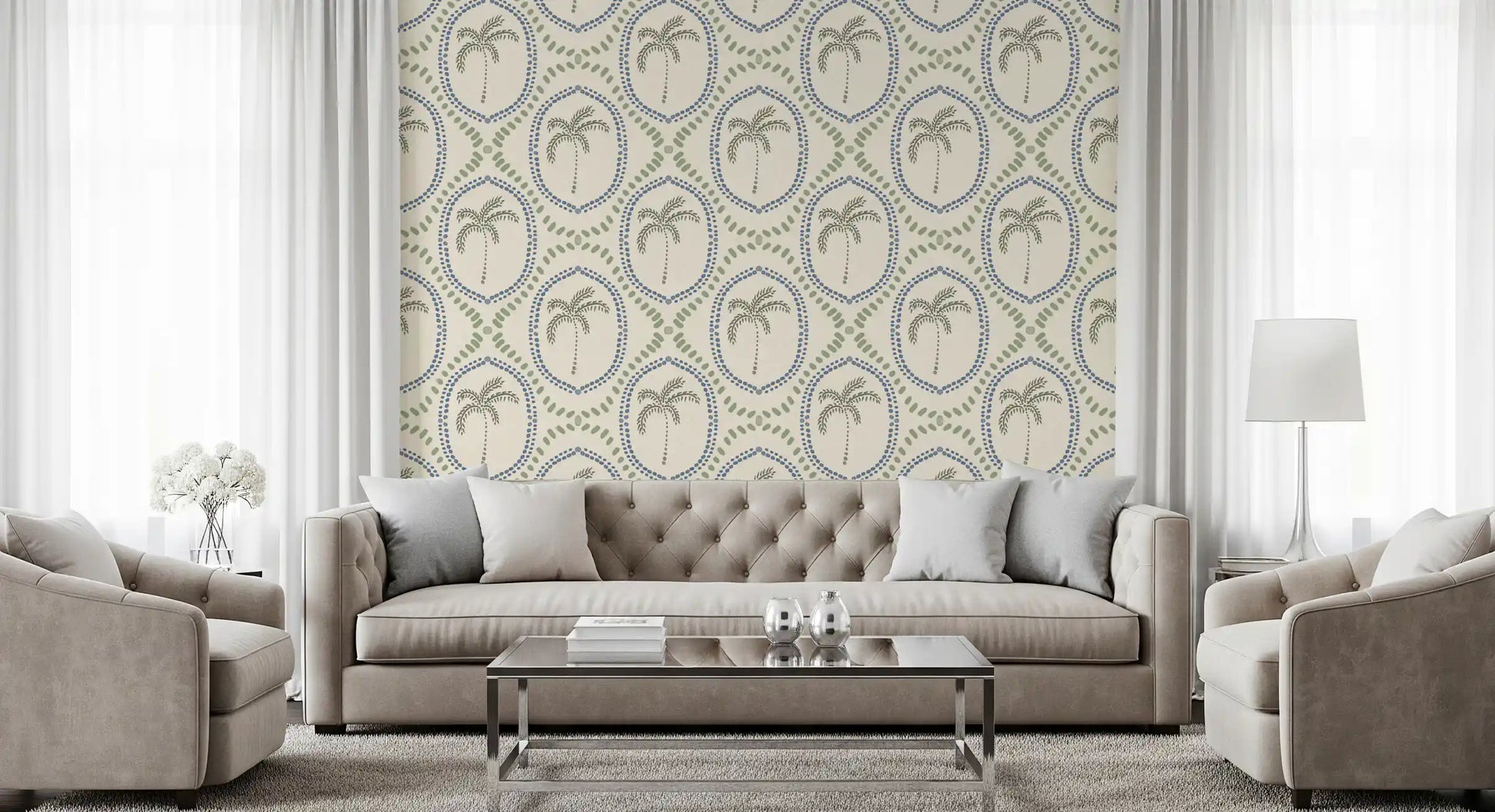 Elegant Living room enhanced by the beachy boho palm oasis wallpaper.