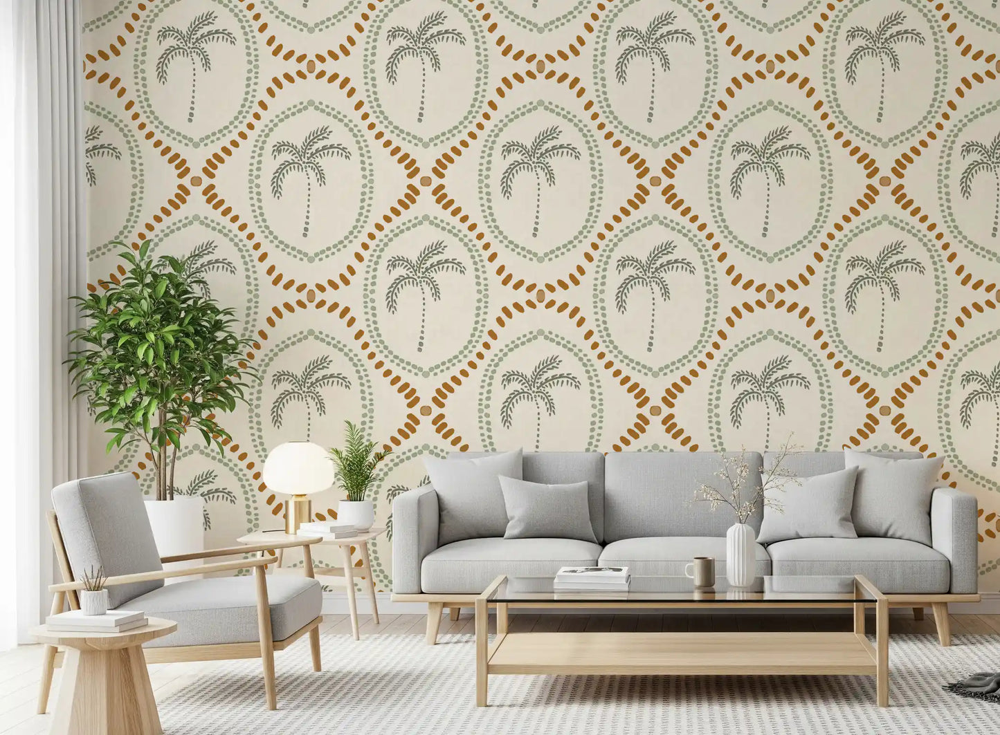 Beachy Boho Palm Oasis Costal Green & Golden Wallpaper⁠
