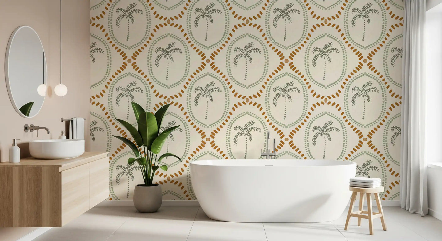 Beachy Boho Palm Oasis Costal Green & Golden Wallpaper⁠