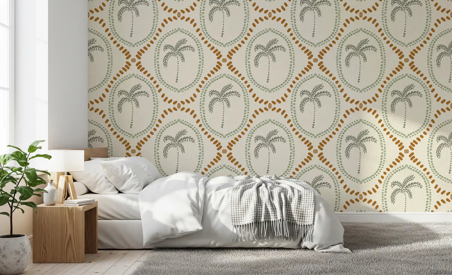 Beachy Boho Palm Oasis Costal Green & Golden Wallpaper⁠