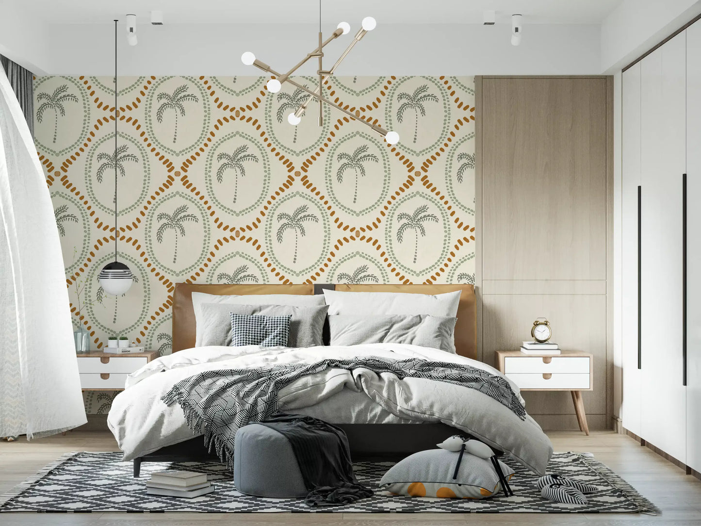 Beachy Boho Palm Oasis Costal Green & Golden Wallpaper⁠