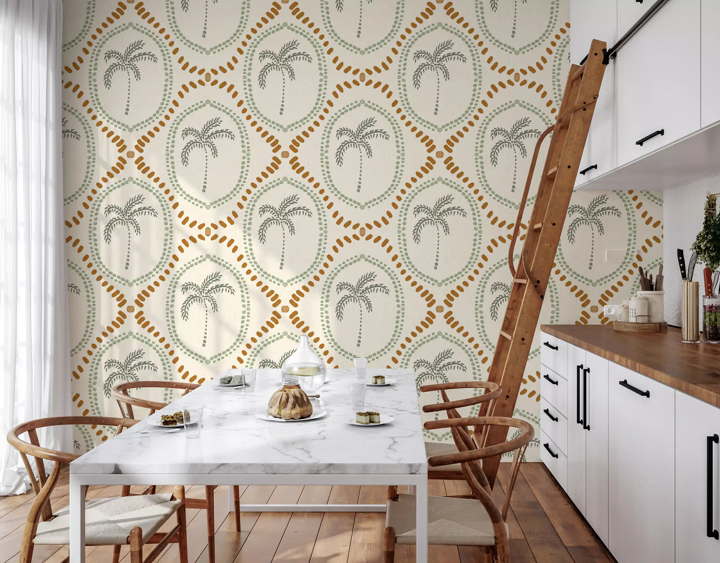 Beachy Boho Palm Oasis Costal Green & Golden Wallpaper⁠