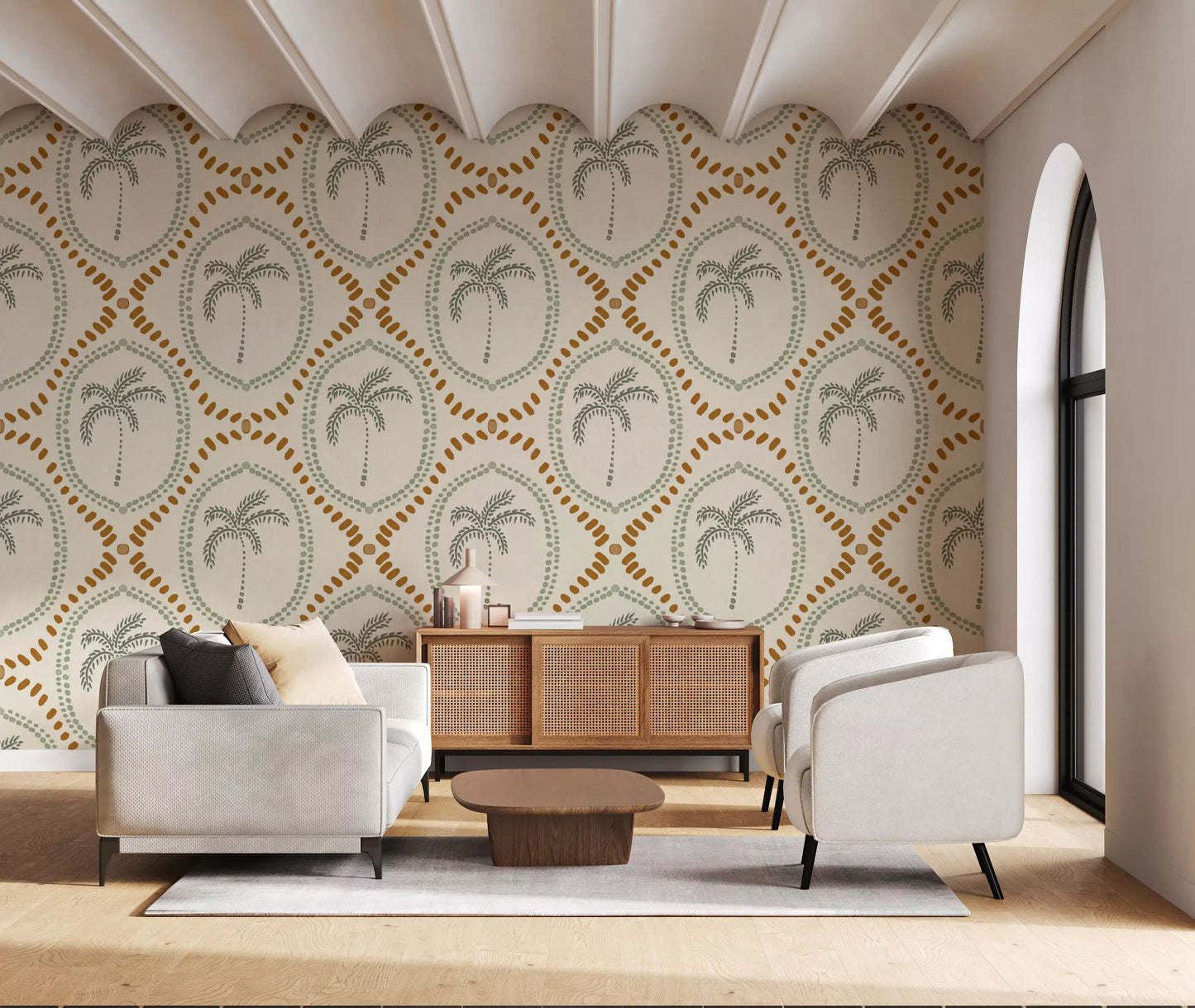 Beachy Boho Palm Oasis Costal Green & Golden Wallpaper⁠