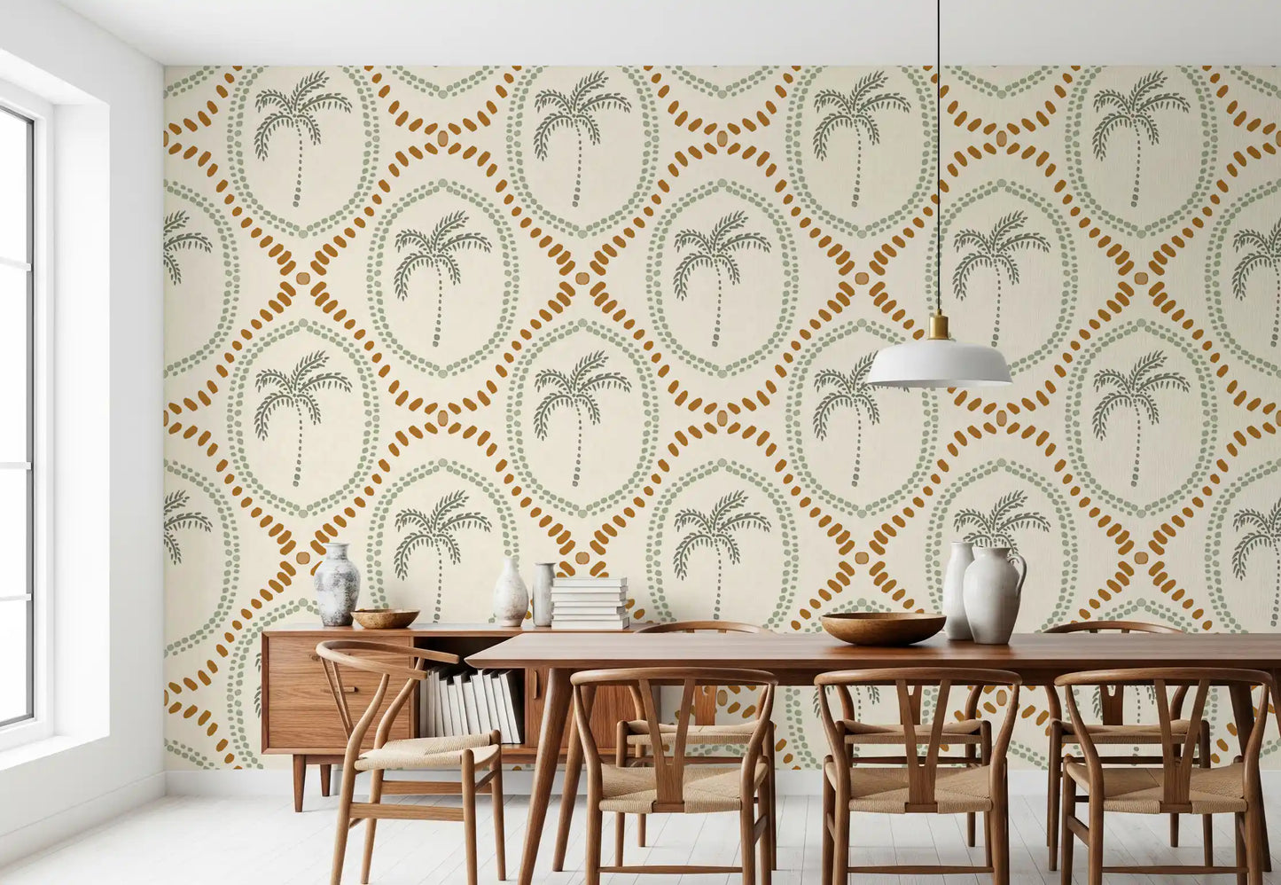 Beachy Boho Palm Oasis Costal Green & Golden Wallpaper⁠