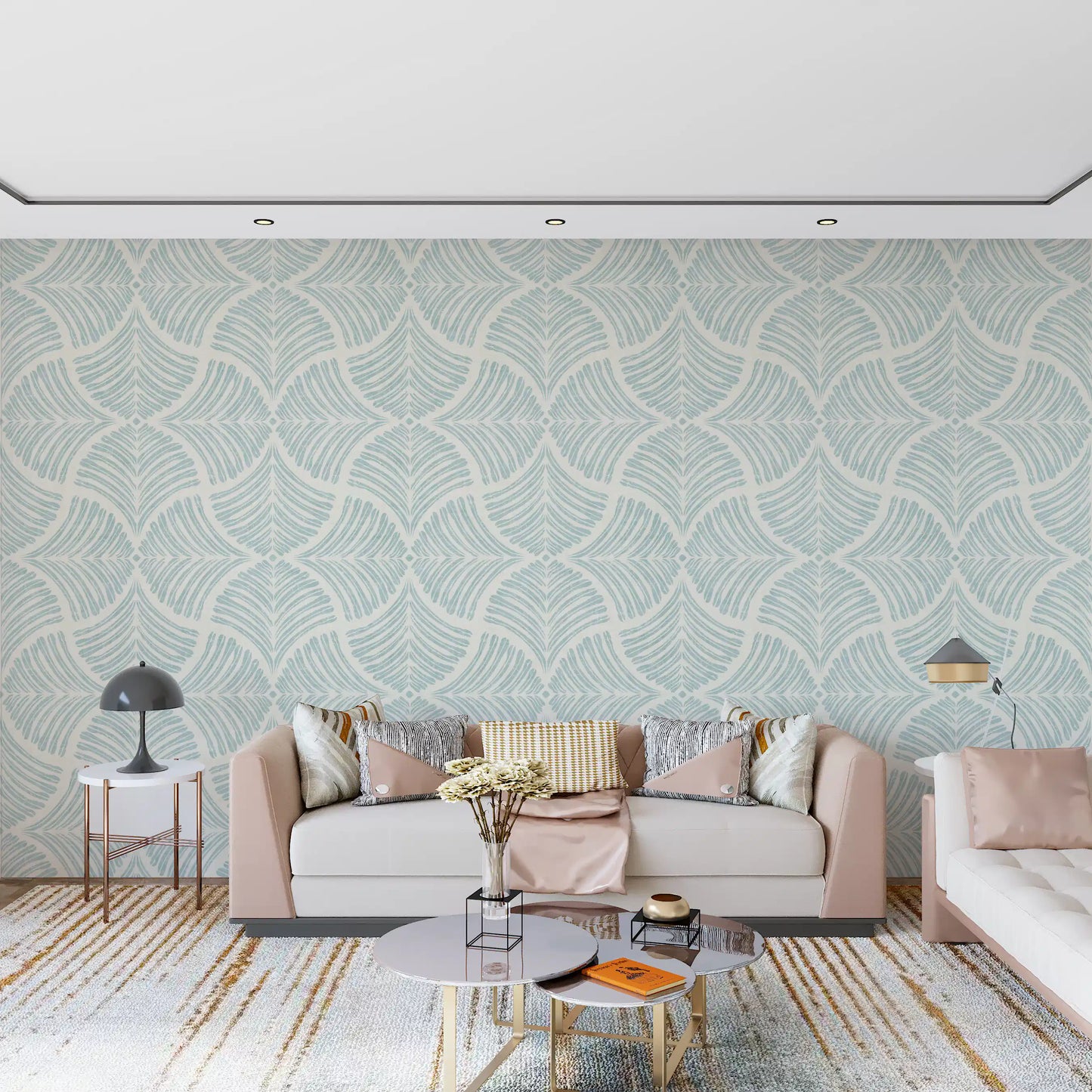 living room setting covered completely in a symmetrical Scallops Fan wallpaper.