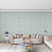 living room setting covered completely in a symmetrical Scallops Fan wallpaper.