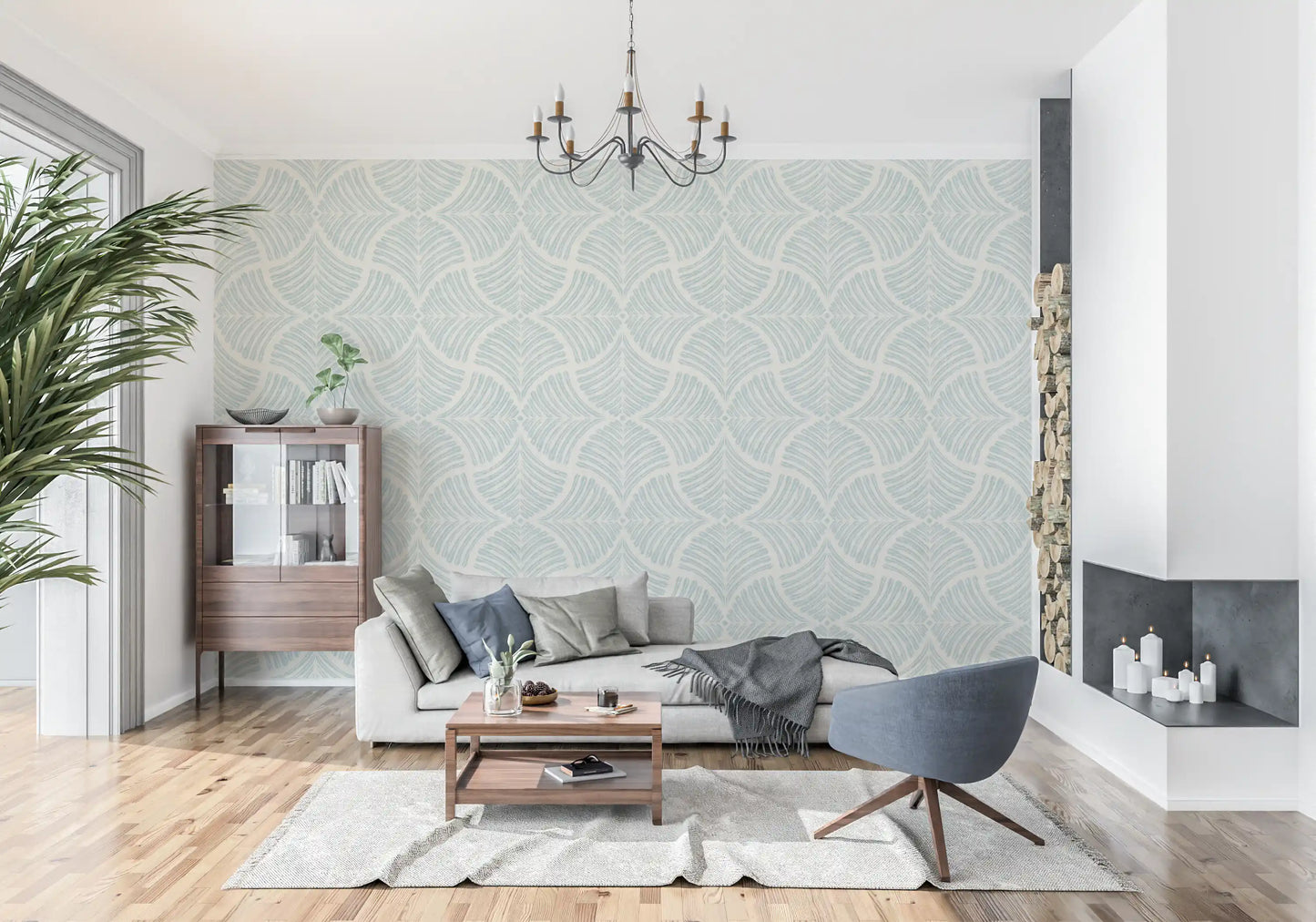 Cozy lounge layout enriched through the Japandi Minimalist Scallops Fan wallpaper.