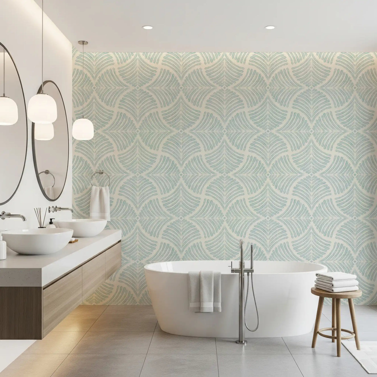Bathroom perfectly complemented by the beautiful Pastel Blue Scallops wallpaper.