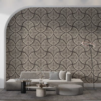 Minimalist living room interior featuring the beautiful textured Japandi wallpaper design.