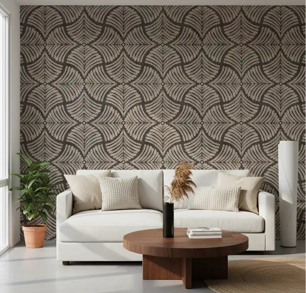 Charcoal Brown Textured Scallops Fan Japandi Wallpaper styled in a modern living room.