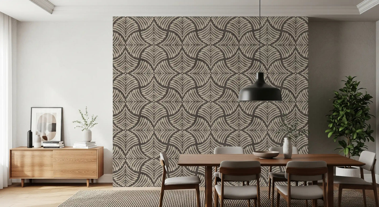 Observing the block print texture on this charcoal brown Japandi wallpaper sample.