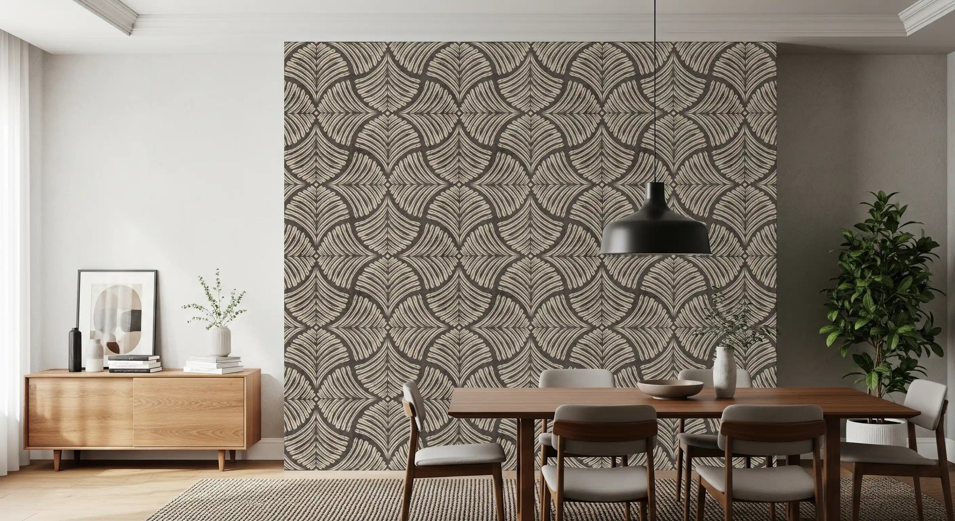 Observing the block print texture on this charcoal brown Japandi wallpaper sample.