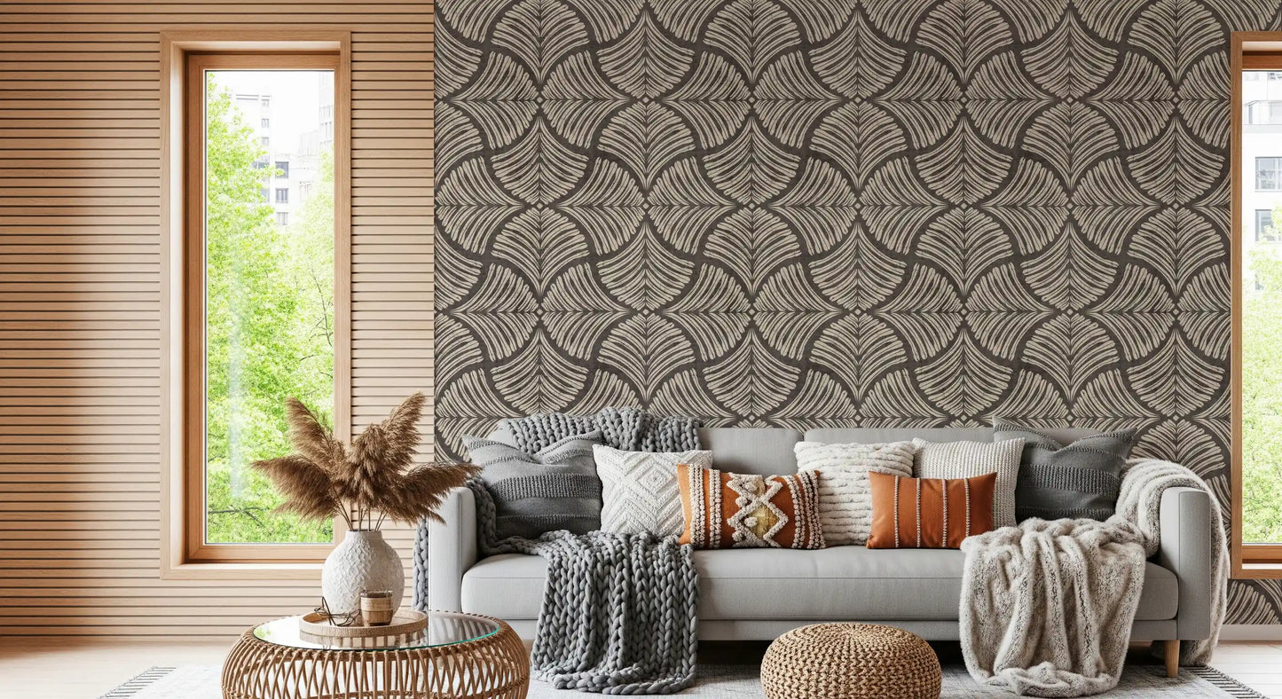 Neutral sitting area backed by the dark charcoal brown fan wallpaper pattern
