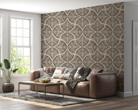 Modern living room accented by an elegant dark brown wallpaper pattern
