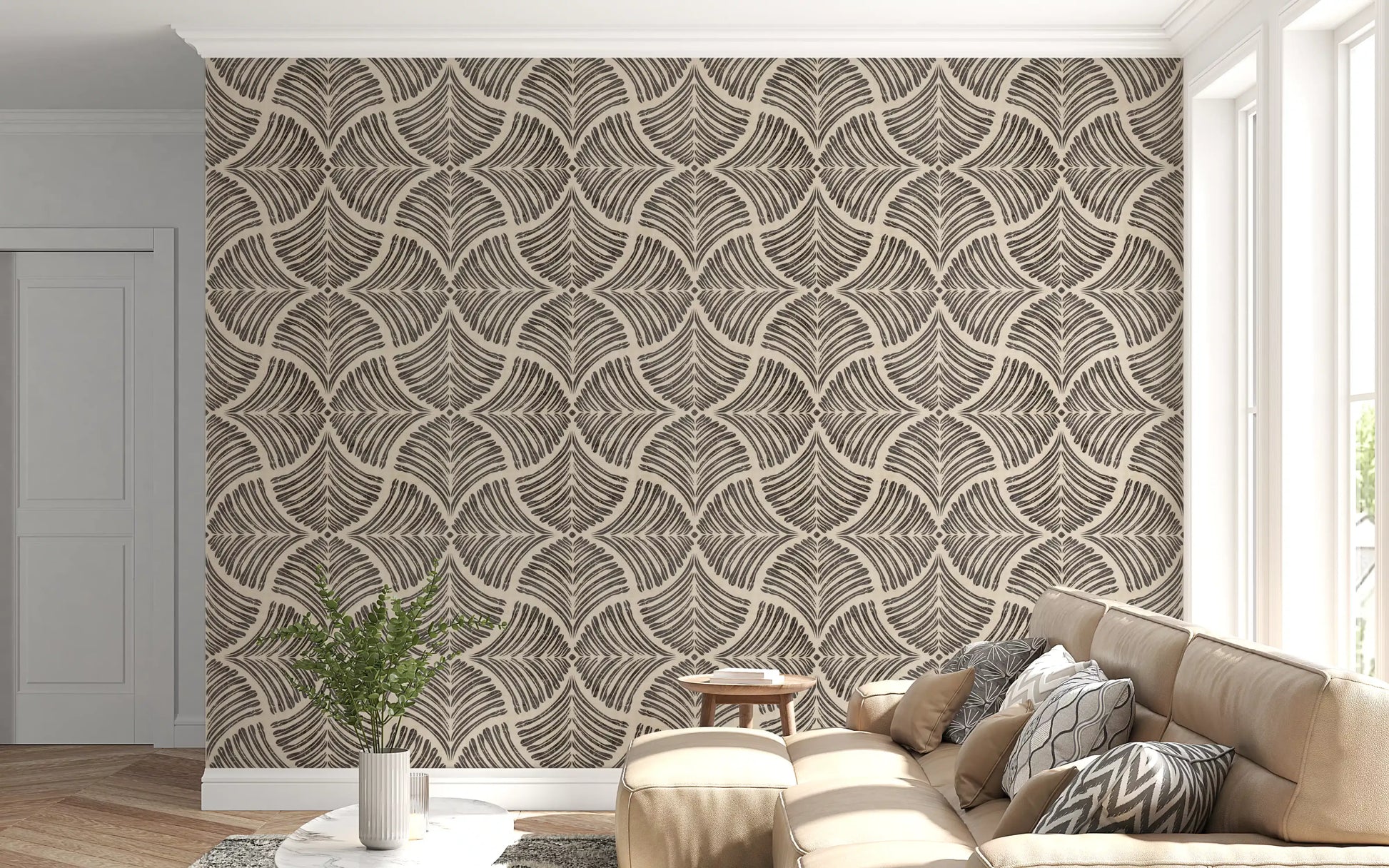 Pattern on Dark Brown Textured Scallops Fan Japandi Minimalist Wallpaper