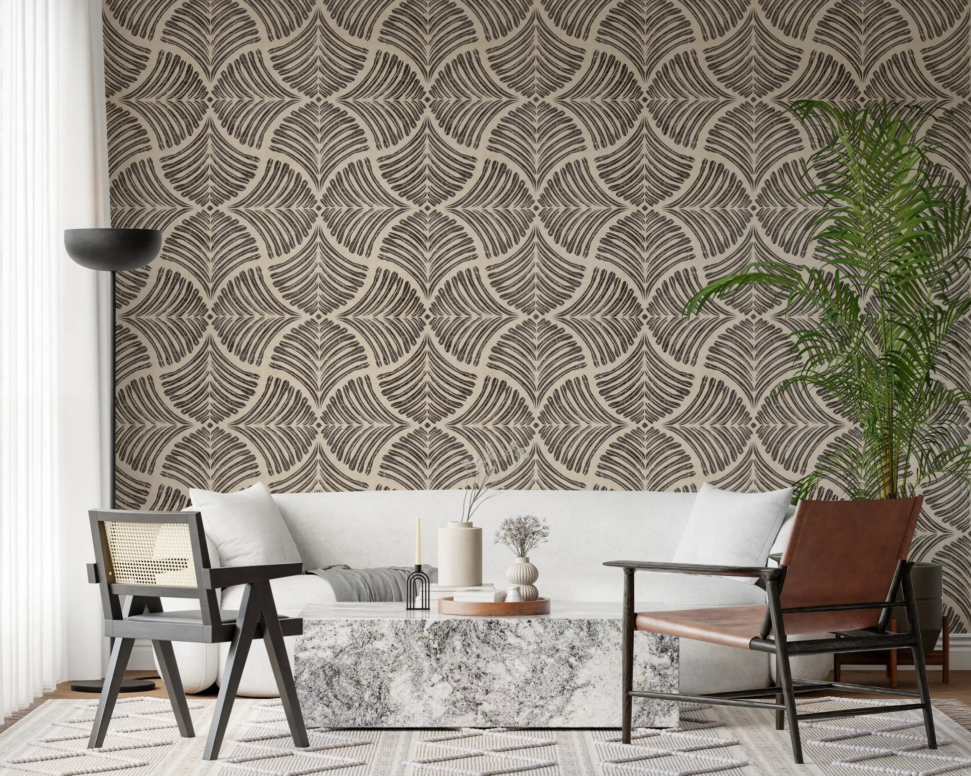 Cozy sitting space perfectly complemented by a minimalist wallpaper