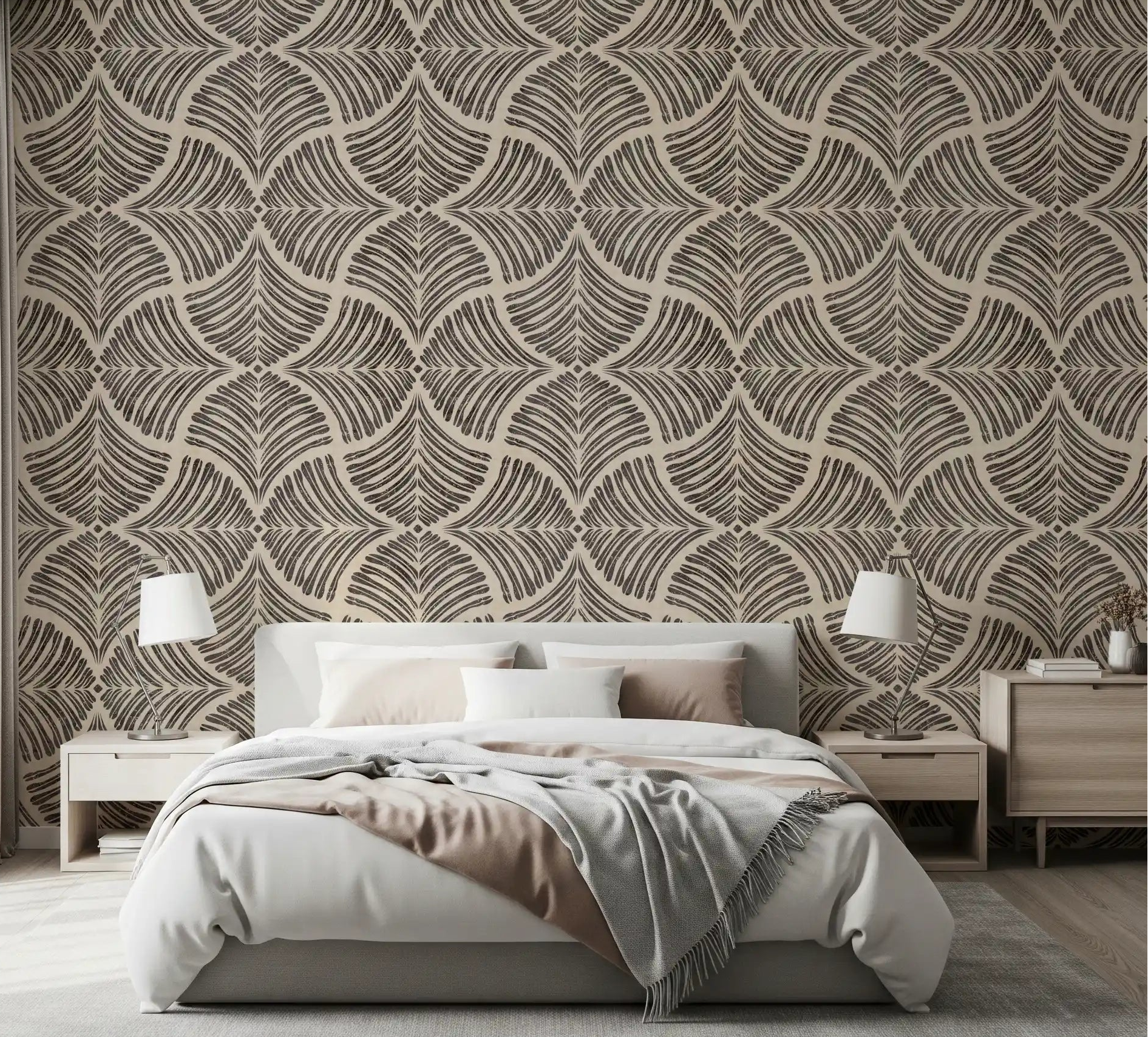 Bedroom with Dark Brown Textured Scallops Fan Japandi Minimalist Wallpaper