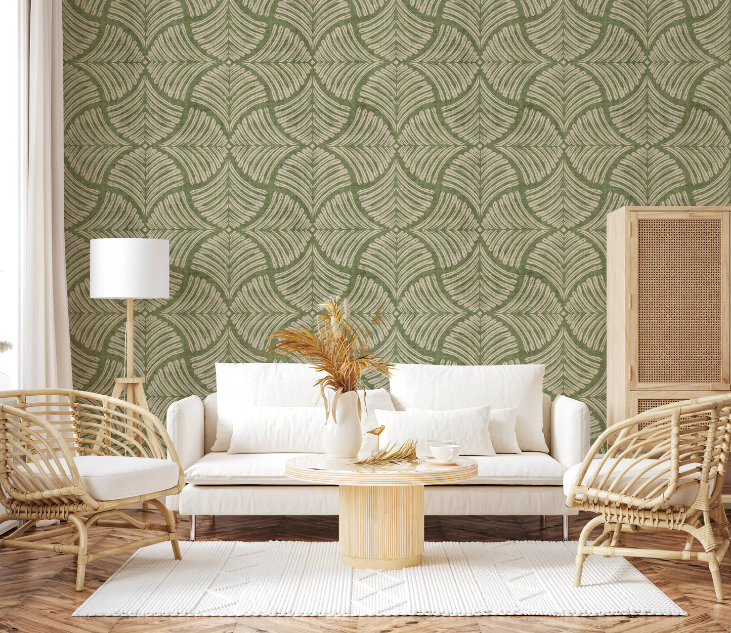 Bright living area containing the green Japandi minimalist wallpaper pattern.