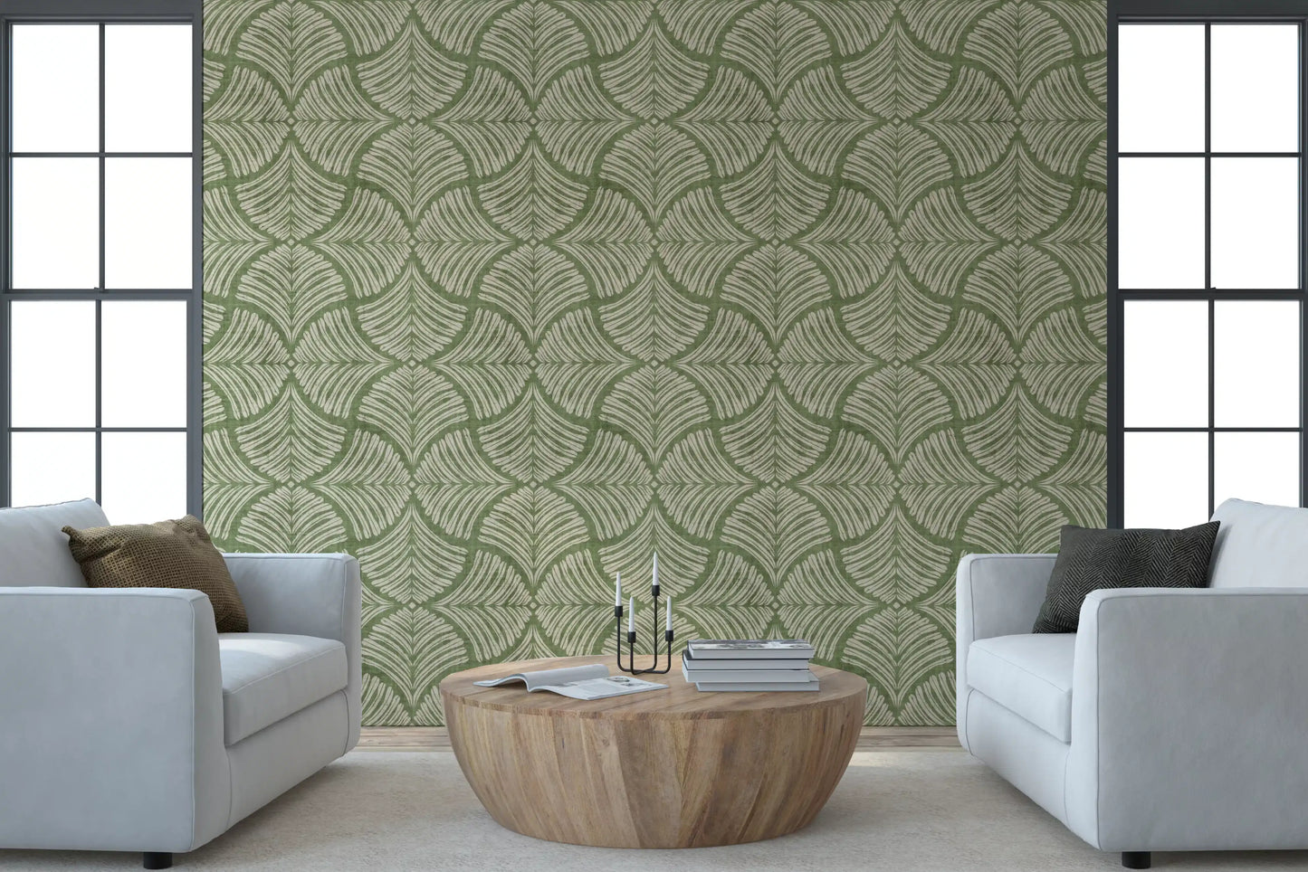 Minimalist lounge displaying the Moss Green Textured Scallops Fan Minimalist Wallpaper.