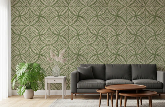 Large living room with the Moss Green Textured Scallops Fan Japandi Minimalist Wallpaper