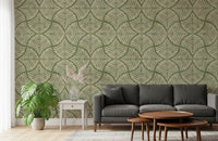 Large living room with the Moss Green Textured Scallops Fan Japandi Minimalist Wallpaper