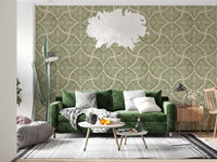 Each fan meets the next in a calm Japandi repeat on this green wallpaper.