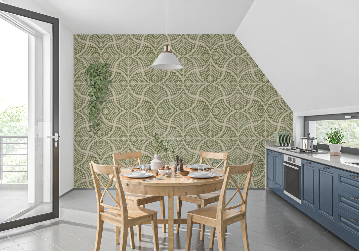 Faded brush lines give the Muted Green Scallops Fan wallpaper a worn look.