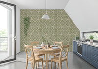 Faded brush lines give the Muted Green Scallops Fan wallpaper a worn look.