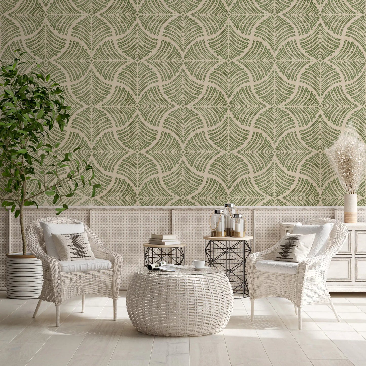 Olive-green fans curling open on cream linen in the Scallops Fan wallpaper.