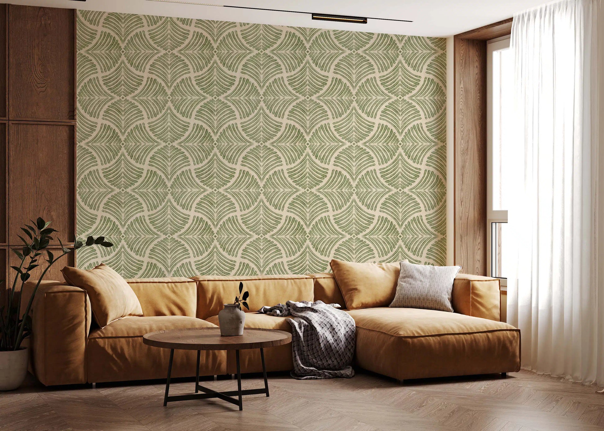 Pale linen tones lift a Living area dressed in Scallops Fan Japandi wallpaper.